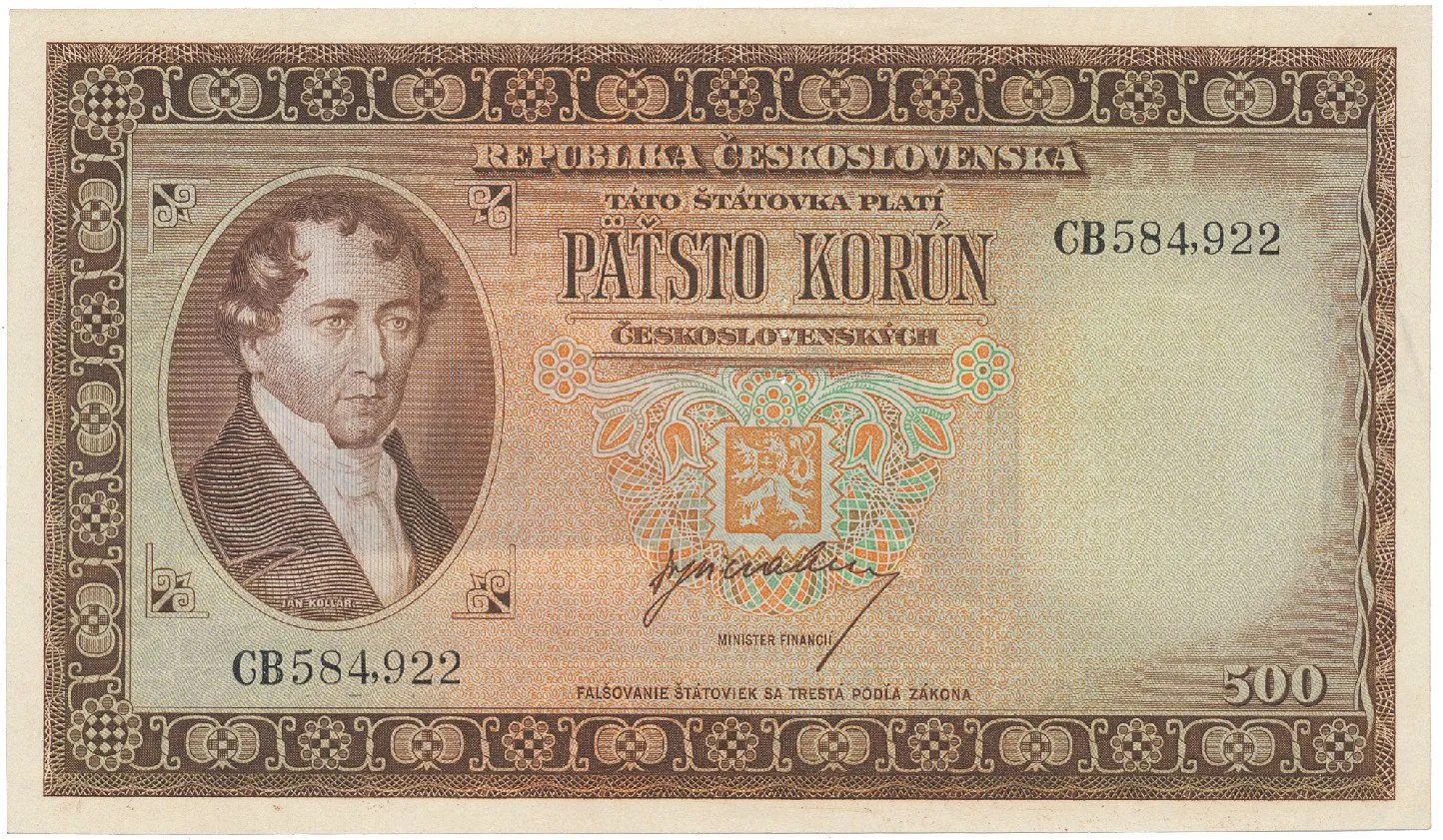500 Koruna b.d. (1945), perforace 3 m.d., Hej.75a.S1