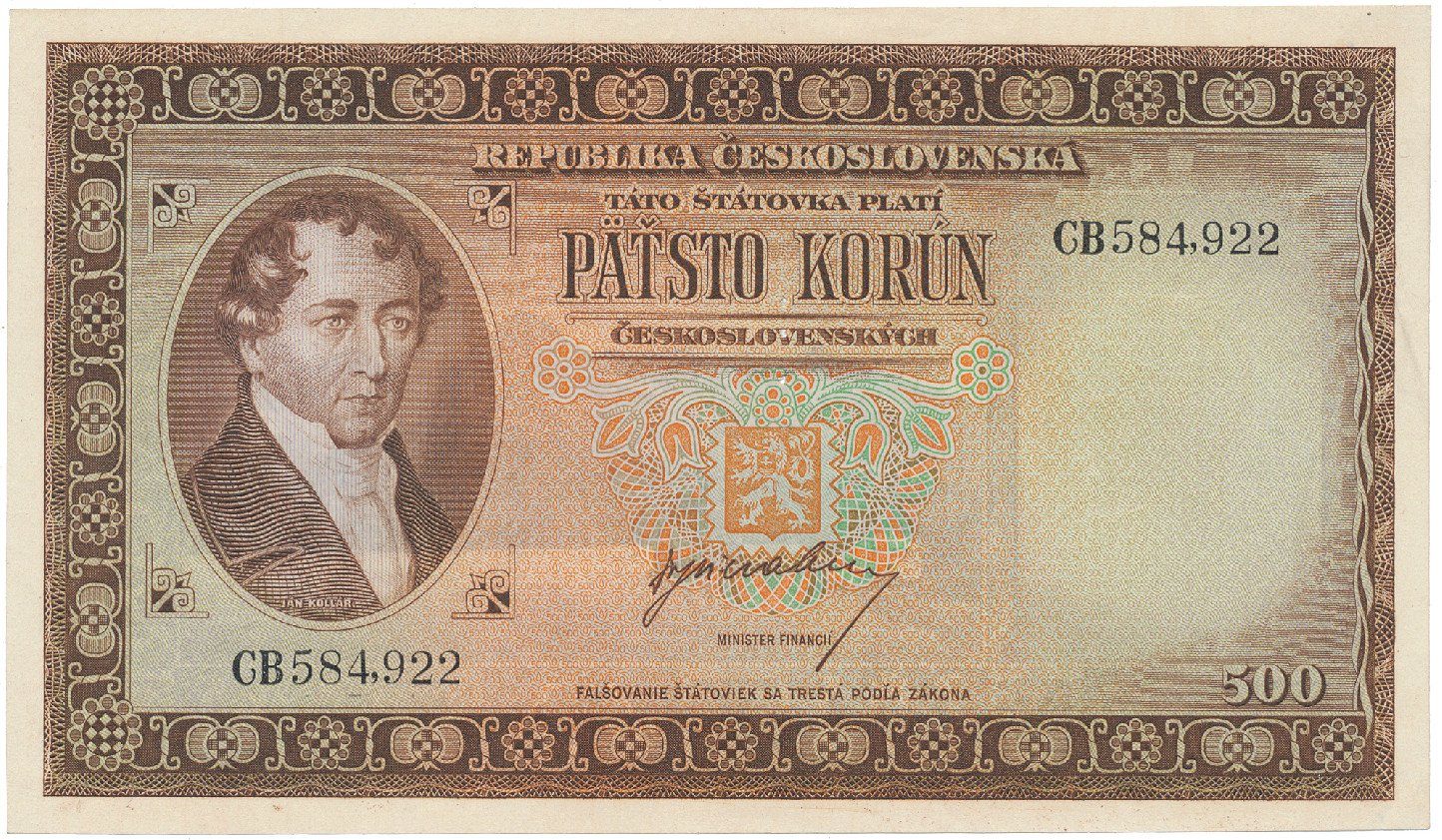500 Koruna b.d. (1945), perforace 3 m.d., Hej.75a.S1