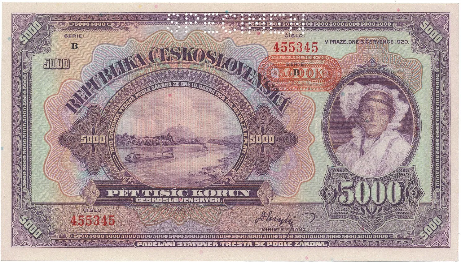 Protektorát Čechy a Morava, 5000 Koruna 1920/1943, nevydaná, série B, perf. 1x SPECIMEN, Hej.N1S1B