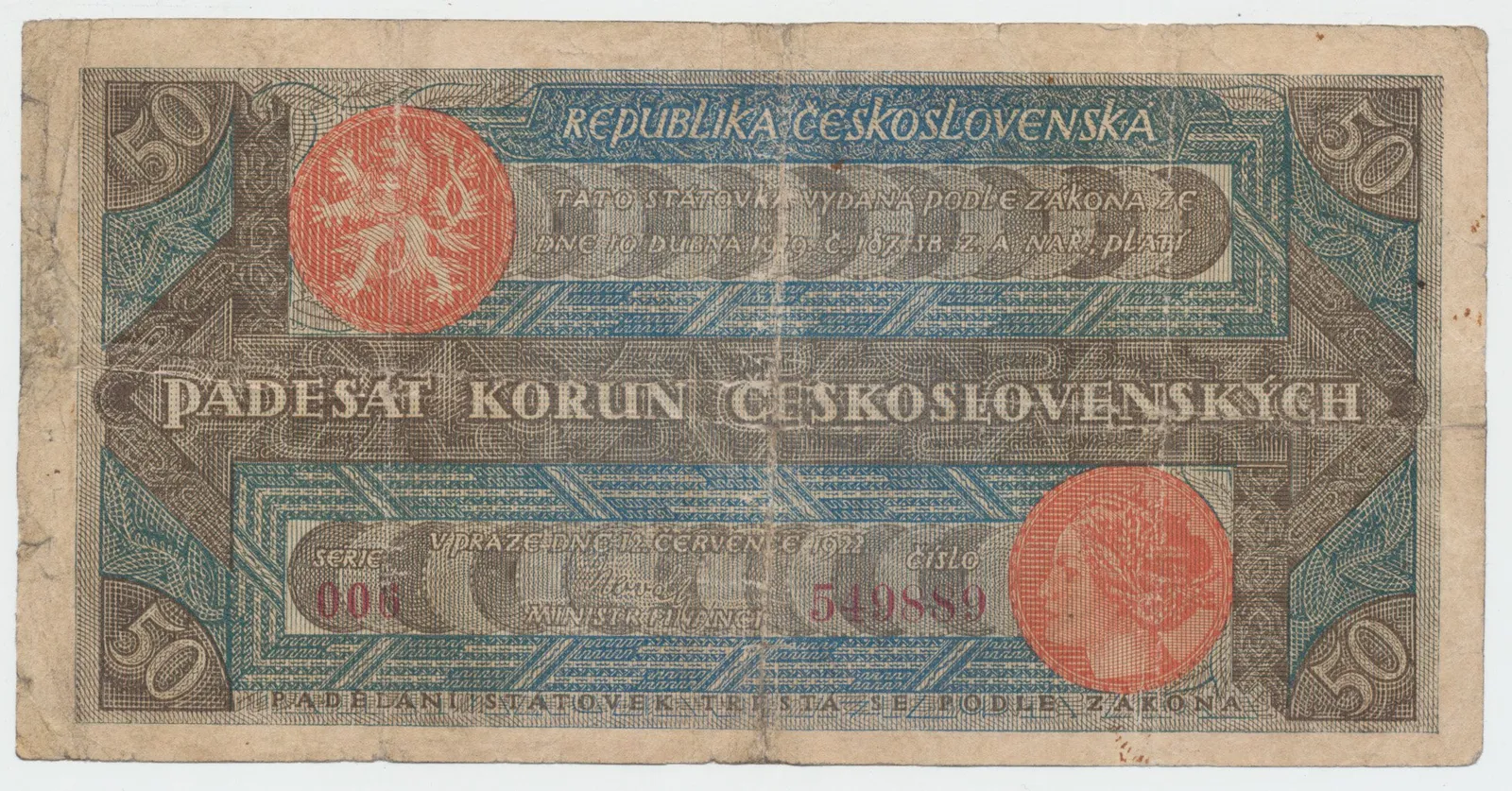 Československo, 50 Koruna 1922, série 006, tisk Haase, Hej.19a