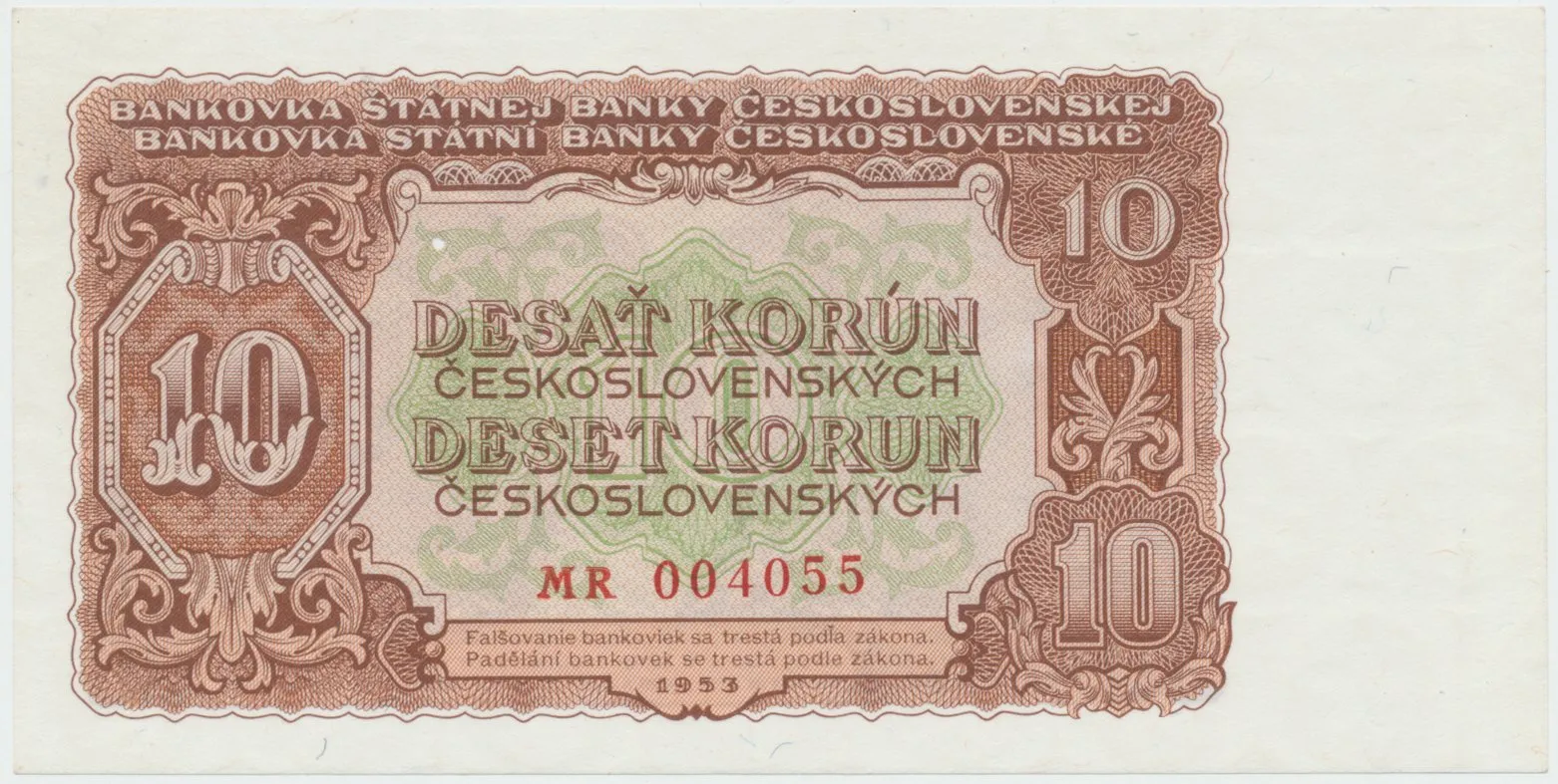 Československo, 10 Koruna 1953, tisk Praha, série MR, perf. 3 m.d., Hej.92b1.S1