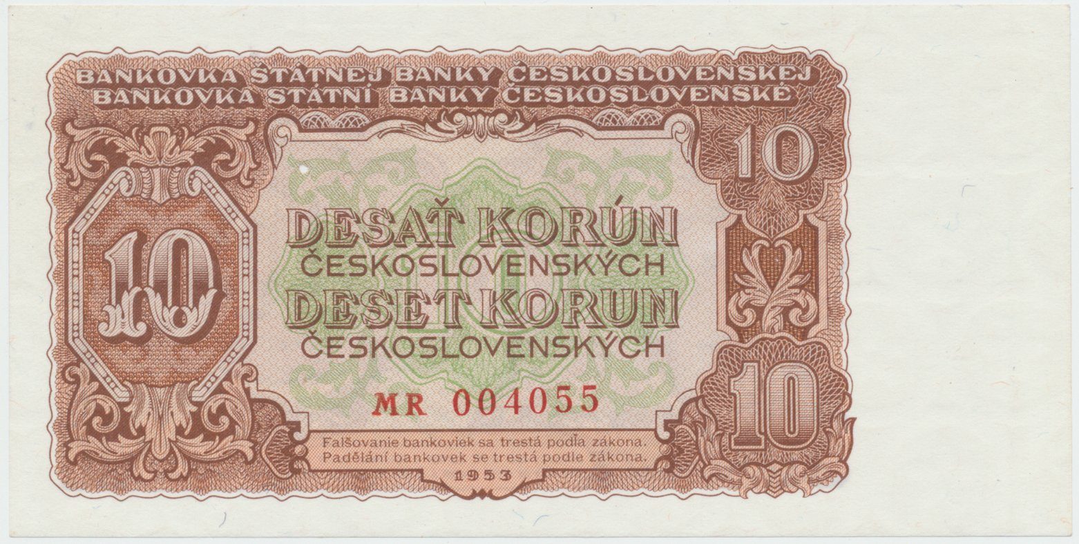 Československo, 10 Koruna 1953, tisk Praha, série MR, perf. 3 m.d., Hej.92b1.S1