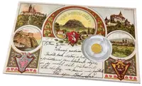 Zlatá mince Kde domov můj - dobová pohlednice - fotografie 3