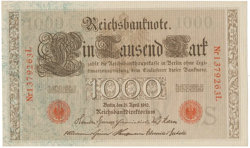 Německo, 1000 Mark 1910, červený 7- místný číslovač, zelená vlákna, Ro.45d