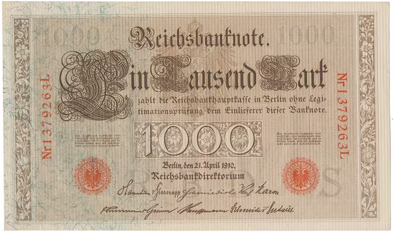 Německo, 1000 Mark 1910, červený 7- místný číslovač, zelená vlákna, Ro.45d