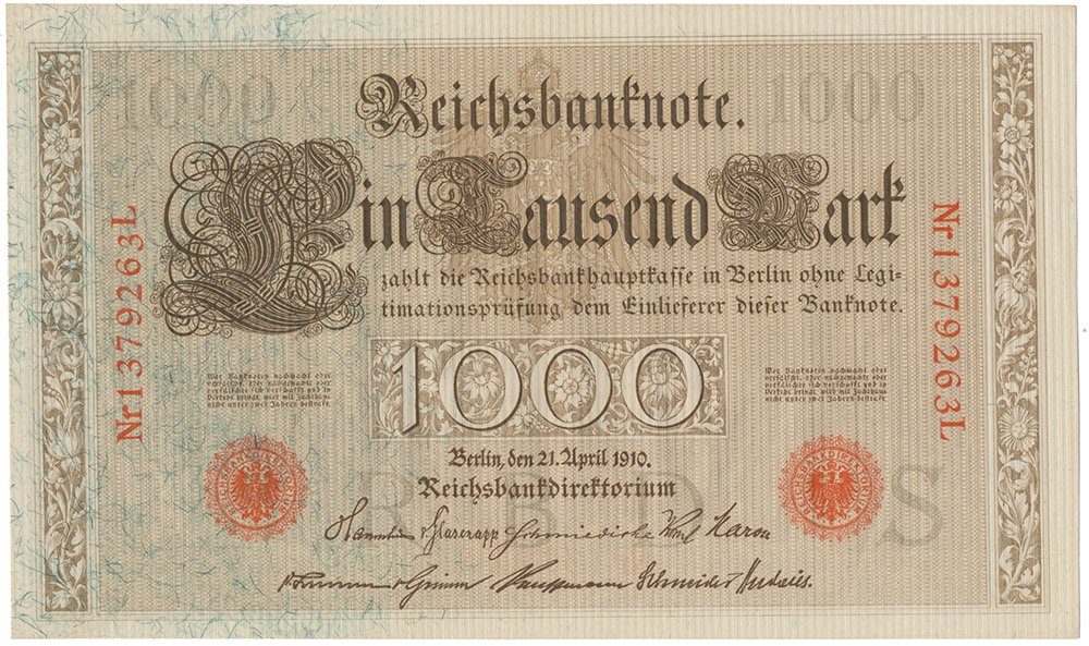 Německo, 1000 Mark 1910, červený 7- místný číslovač, zelená vlákna, Ro.45d