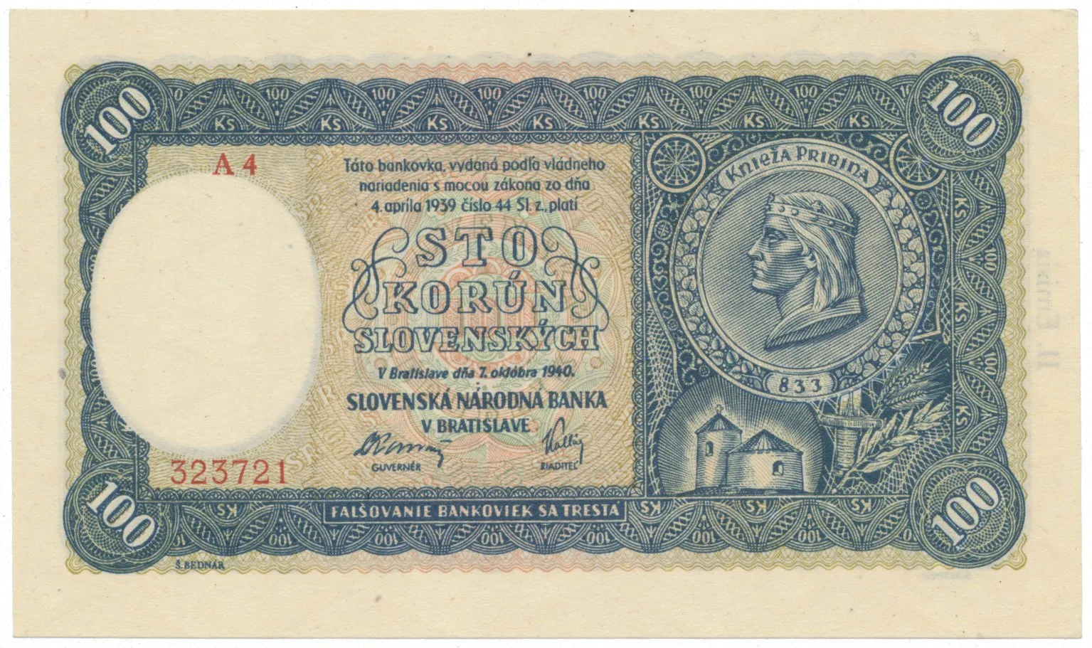 100 Koruna 1940, II. vydání, série A 4, Hej.49a1
