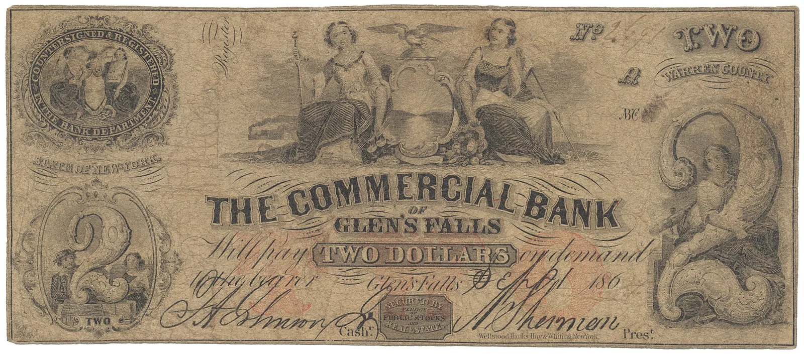 USA, New York, Glen´s Falls, 2 Dollars 1864
