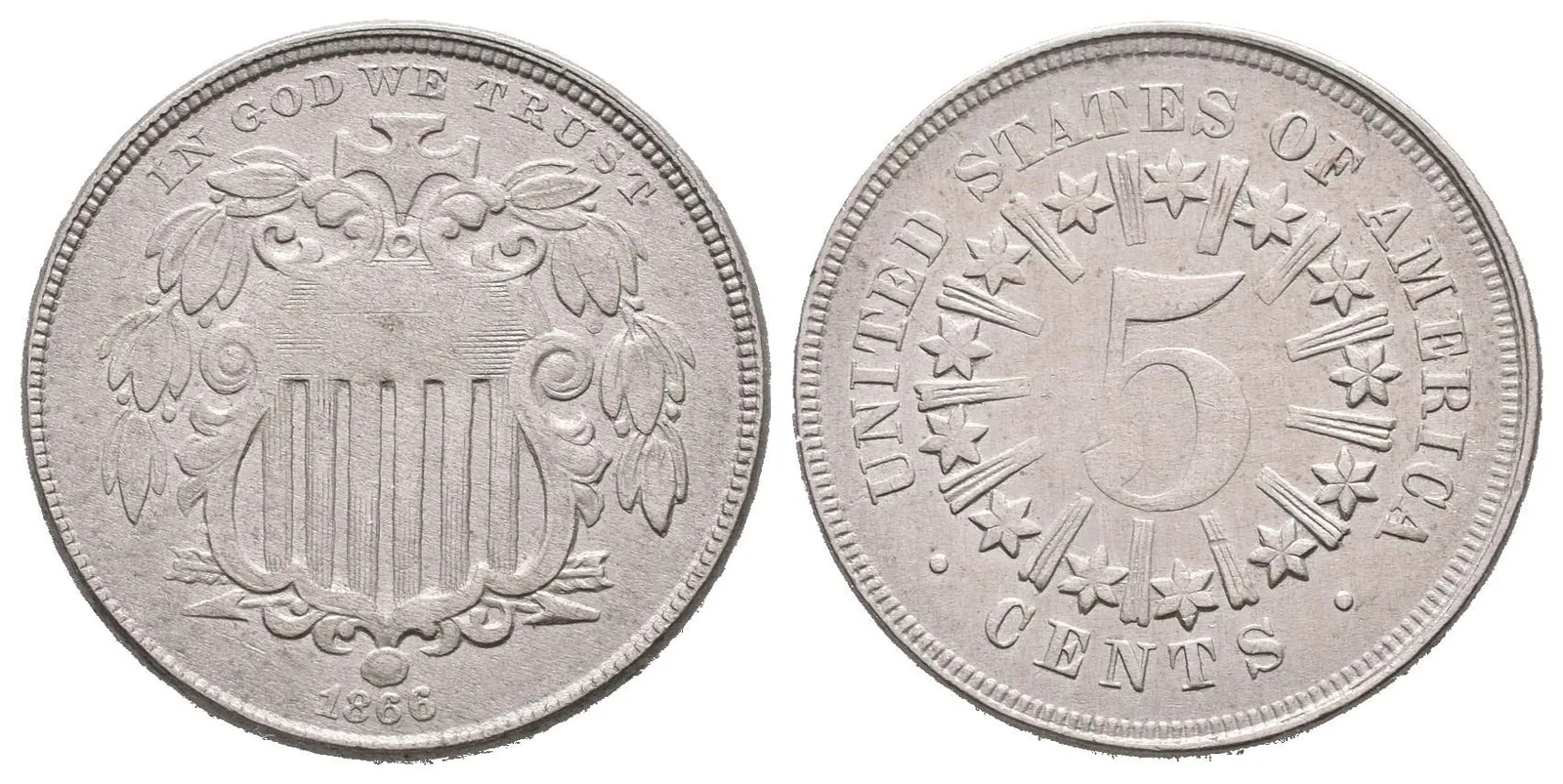 5 Cent 1866 (Ni), KM.96, pěkná zachovalost, patina — 1