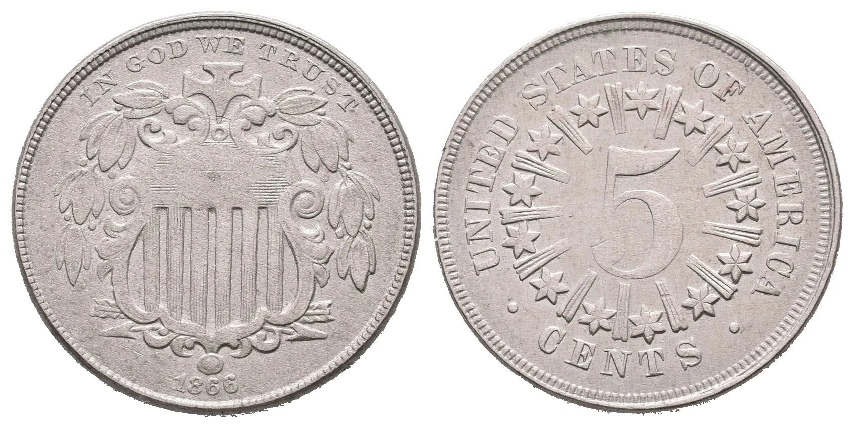 5 Cent 1866 (Ni), KM.96, pěkná zachovalost, patina — 1