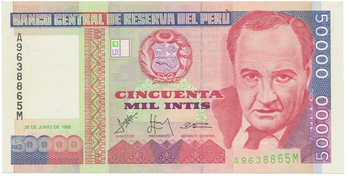 Peru, 50.000 Intis 1988, tisk IPS Roma, P.142