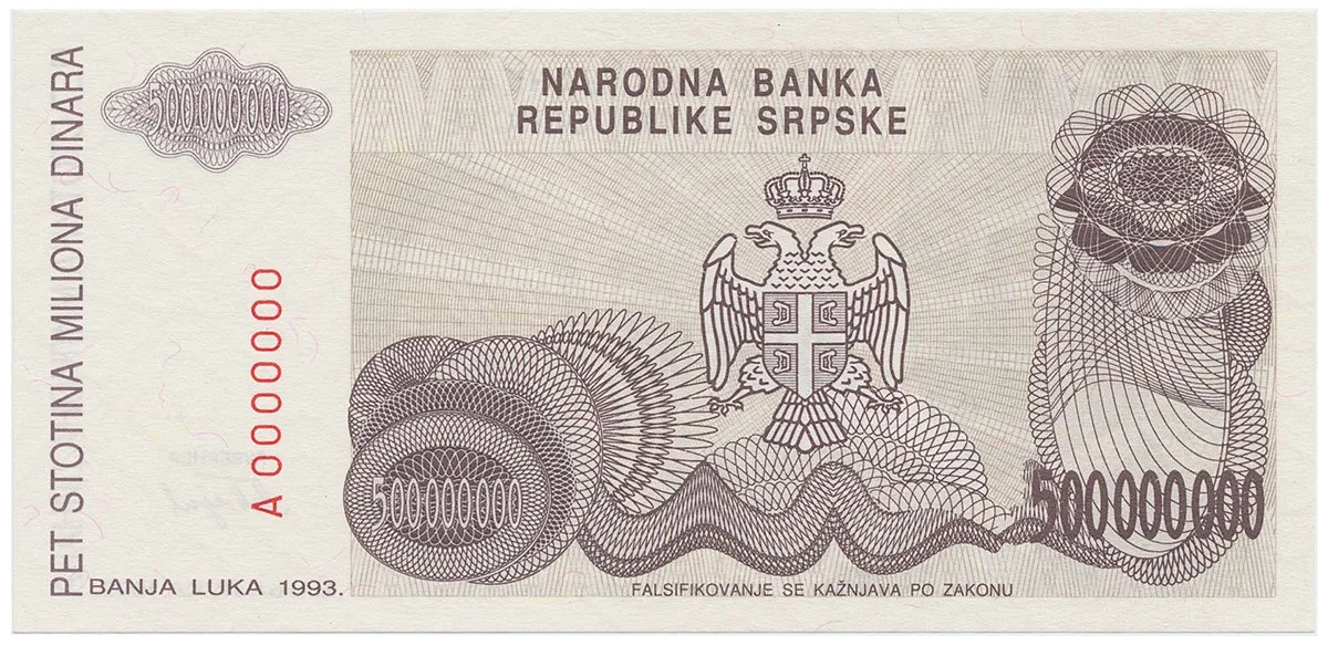 Bosna a Hercegovina, 500 Miliona Dinara 1993, anulát, A 0000000, P.155