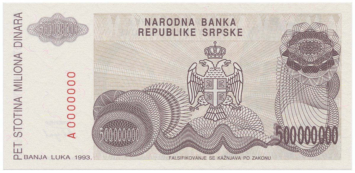 Bosna a Hercegovina, 500 Miliona Dinara 1993, anulát, A 0000000, P.155