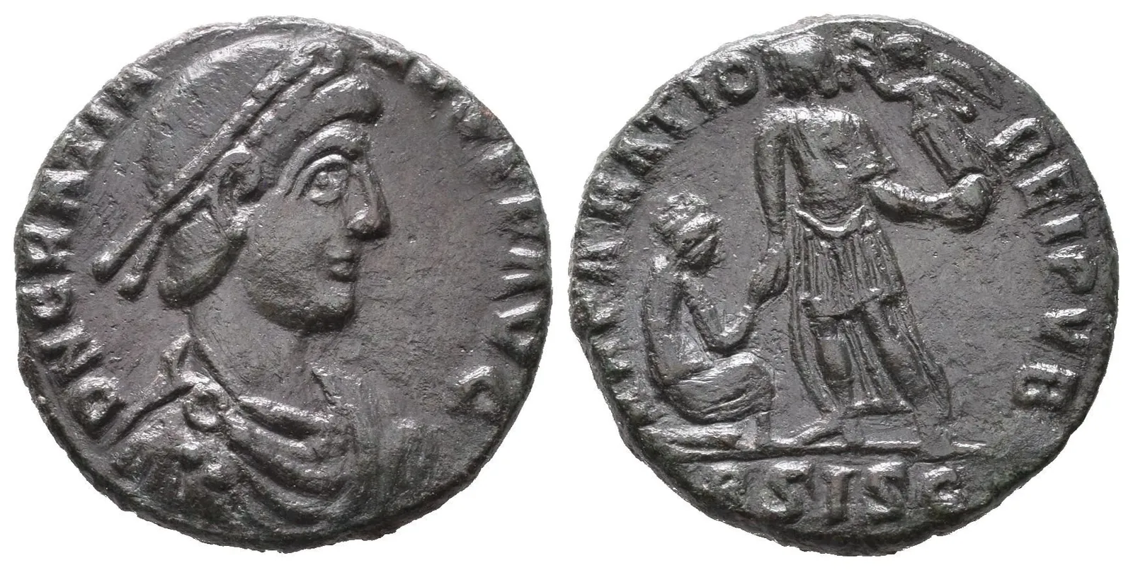 AE 2, Siscia, 378 - 383, Rv: REPARATIO REIPVB, stojící císař čelně drží — 1