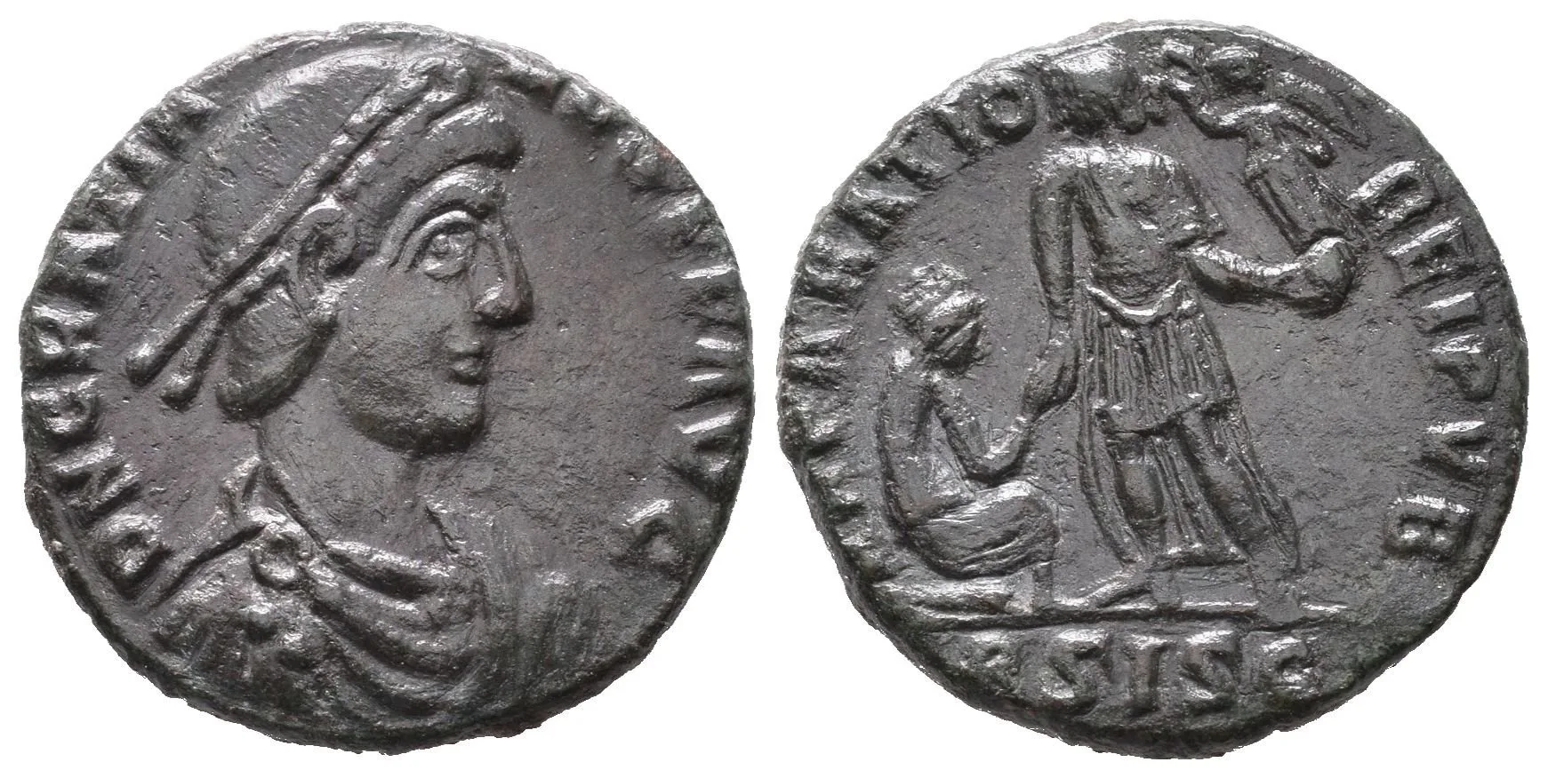 AE 2, Siscia, 378 - 383, Rv: REPARATIO REIPVB, stojící císař čelně drží — 1