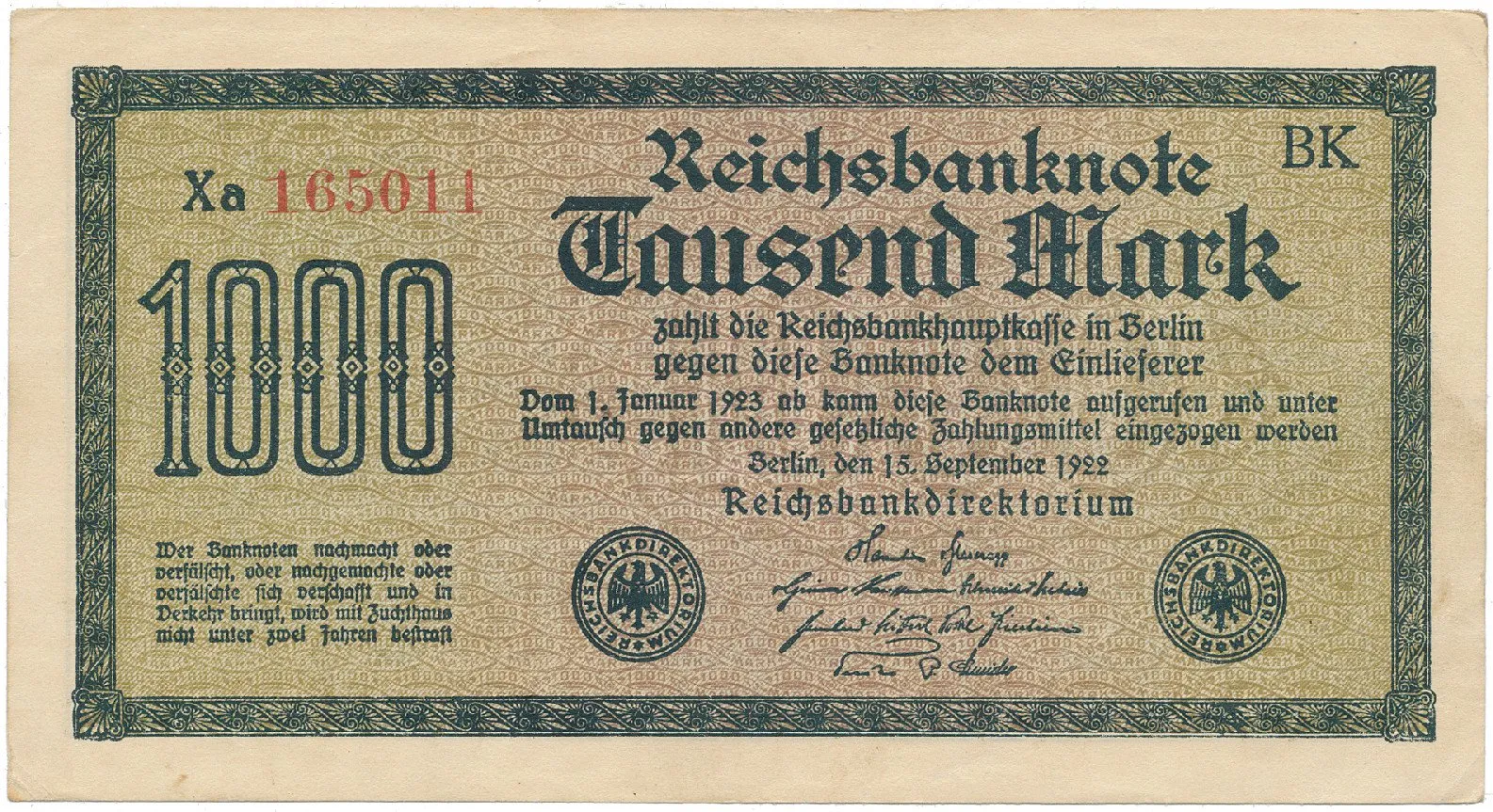 Německo, 1000 Mark 1922, vod. Mäander, červené 6-místné číslo, Ro.75g