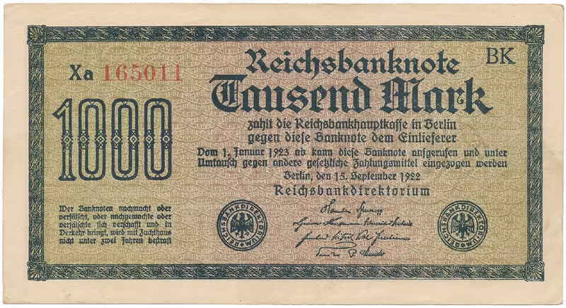 Německo, 1000 Mark 1922, vod. Mäander, červené 6-místné číslo, Ro.75g