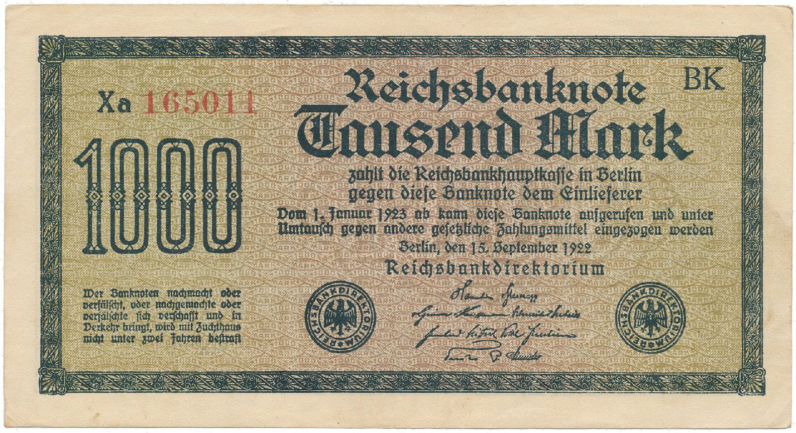 Německo, 1000 Mark 1922, vod. Mäander, červené 6-místné číslo, Ro.75g