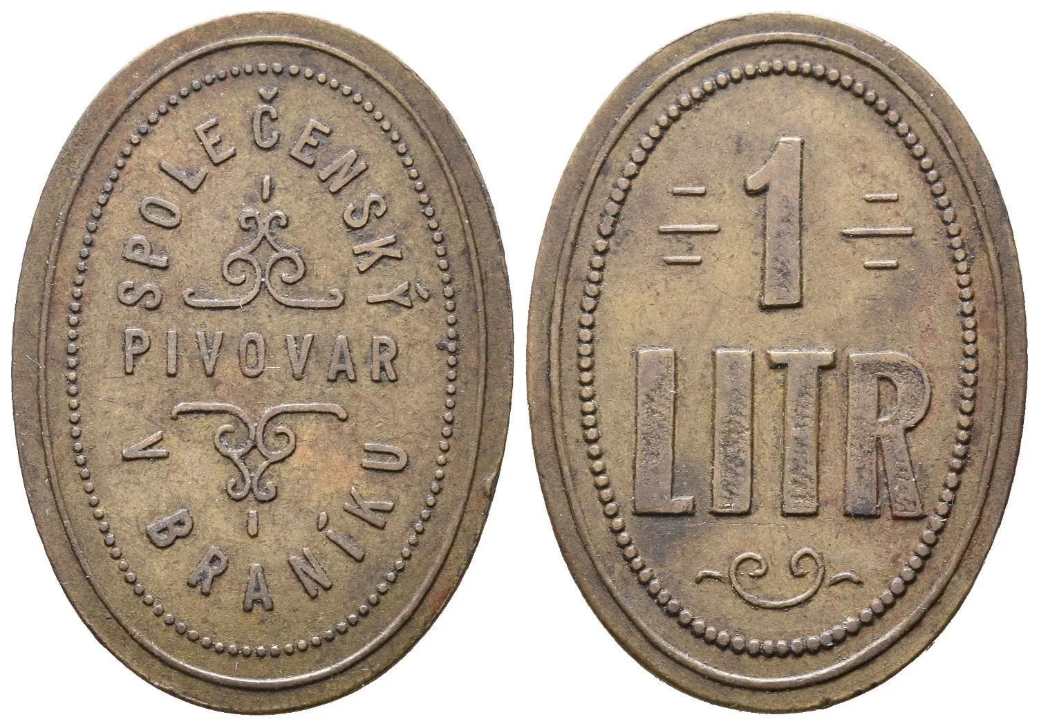 Praha Braník - Společenský pivovar, známka na 1 litr piva. Ms ovál 35x25 mm — 1