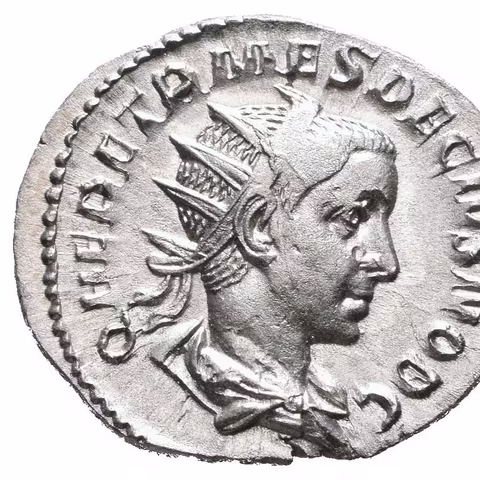 Antoninian, Rv: SPES PVBLICA, kráčející Spes doleva nese květinu, levou rukou