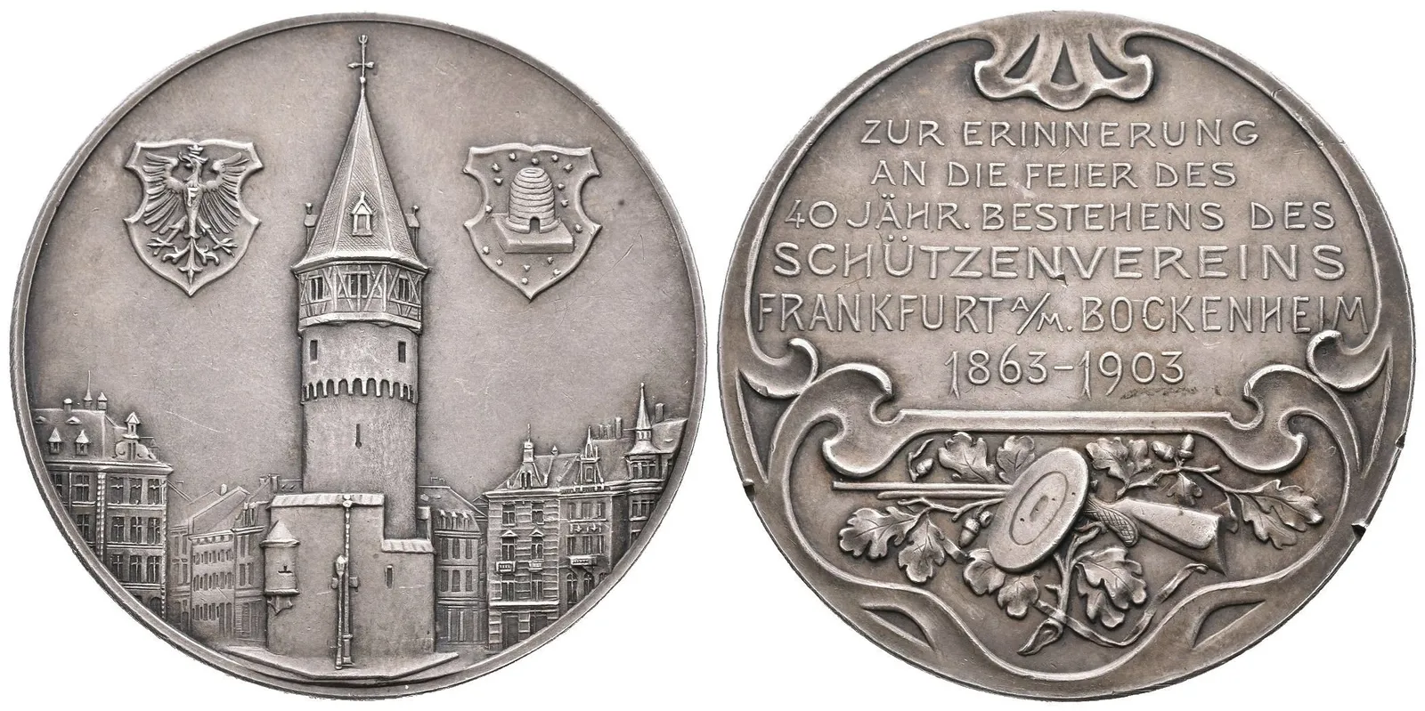 AR Medaile 1903 - K 40. výročí střeleckého spolku ve Frankfurtu n. Mohanem / Bockenheim. — 1