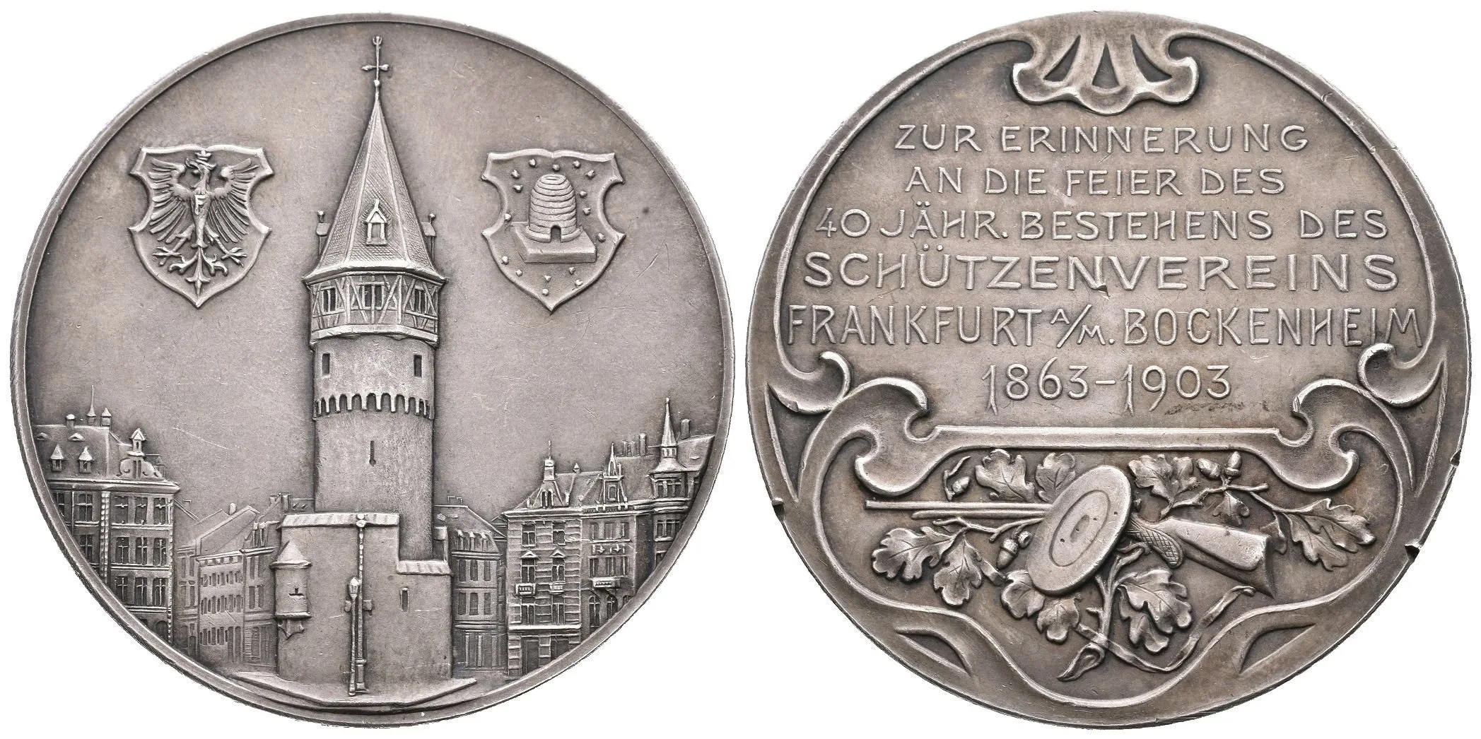 AR Medaile 1903 - K 40. výročí střeleckého spolku ve Frankfurtu n. Mohanem / Bockenheim. — 1