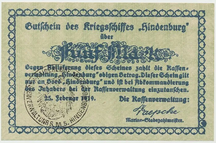 Německo - nouzovky, Křižník Hindenburg, 5 Mark 25. 2. 1919