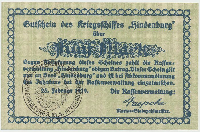 Německo - nouzovky, Křižník Hindenburg, 5 Mark 25. 2. 1919