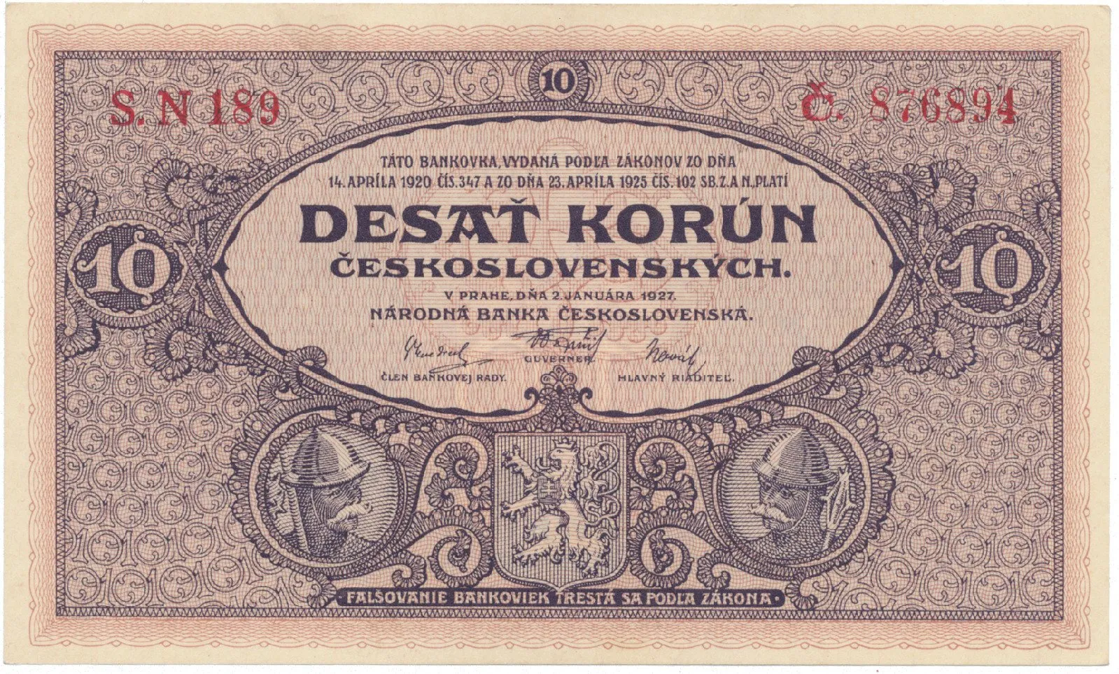 Československo, 10 Koruna 1927, série N, tisk TB NBČS, Hej.22bN