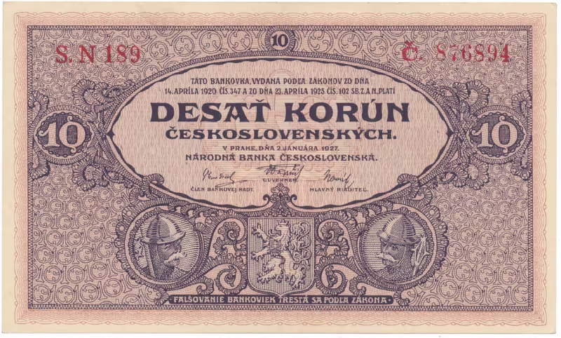 Československo, 10 Koruna 1927, série N, tisk TB NBČS, Hej.22bN