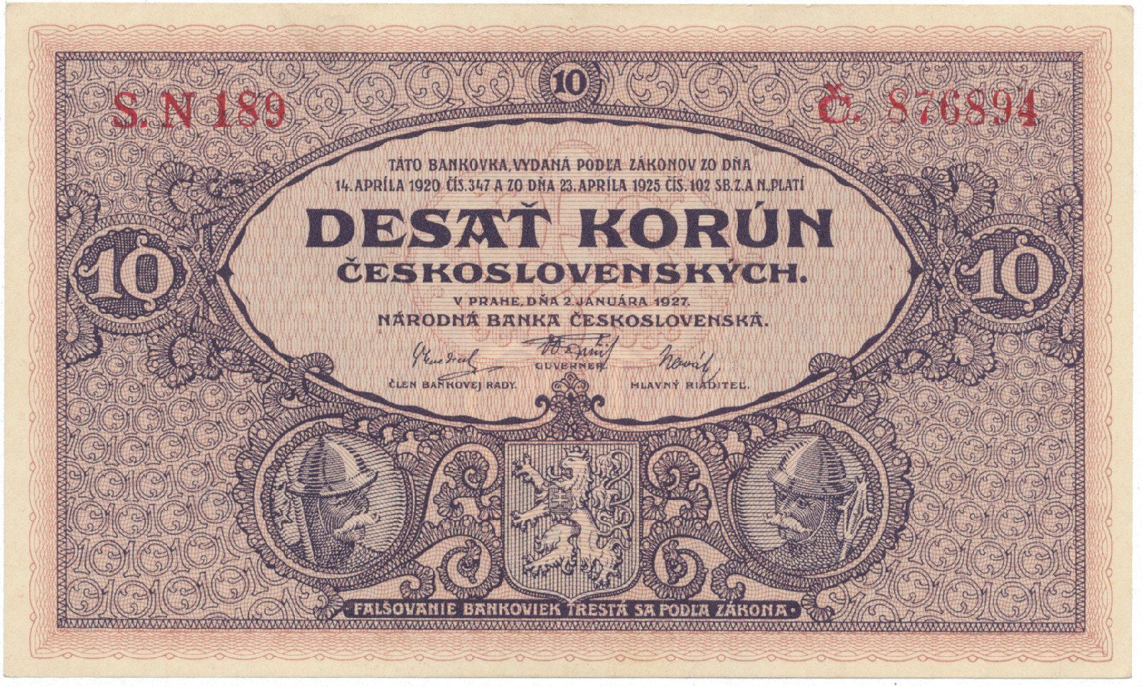 Československo, 10 Koruna 1927, série N, tisk TB NBČS, Hej.22bN