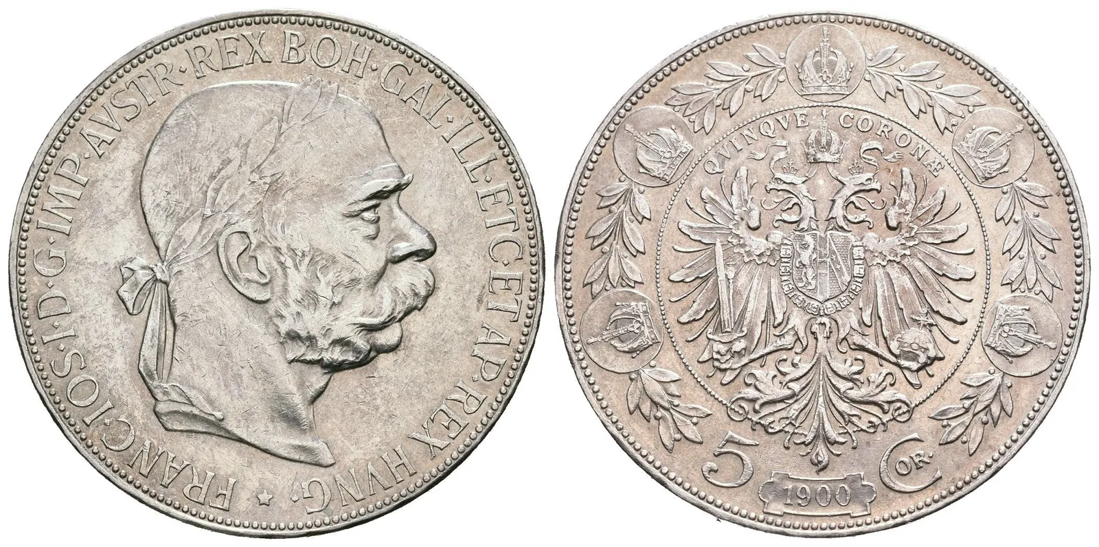 5 Koruna 1900, pěkná zachovalost, patina, zbytky lesku, rysky — 1