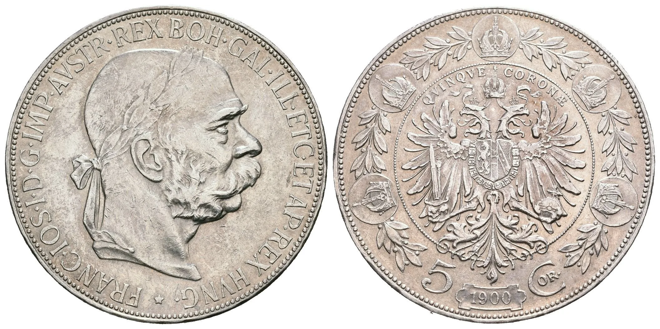 5 Koruna 1900, pěkná zachovalost, patina, zbytky lesku, rysky — 1