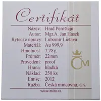Medaile 2012 (Hásek, Lietava) - Hrad Pernštejn. Au 0,999, 22 mm (7,78 g), kapsle, — 2