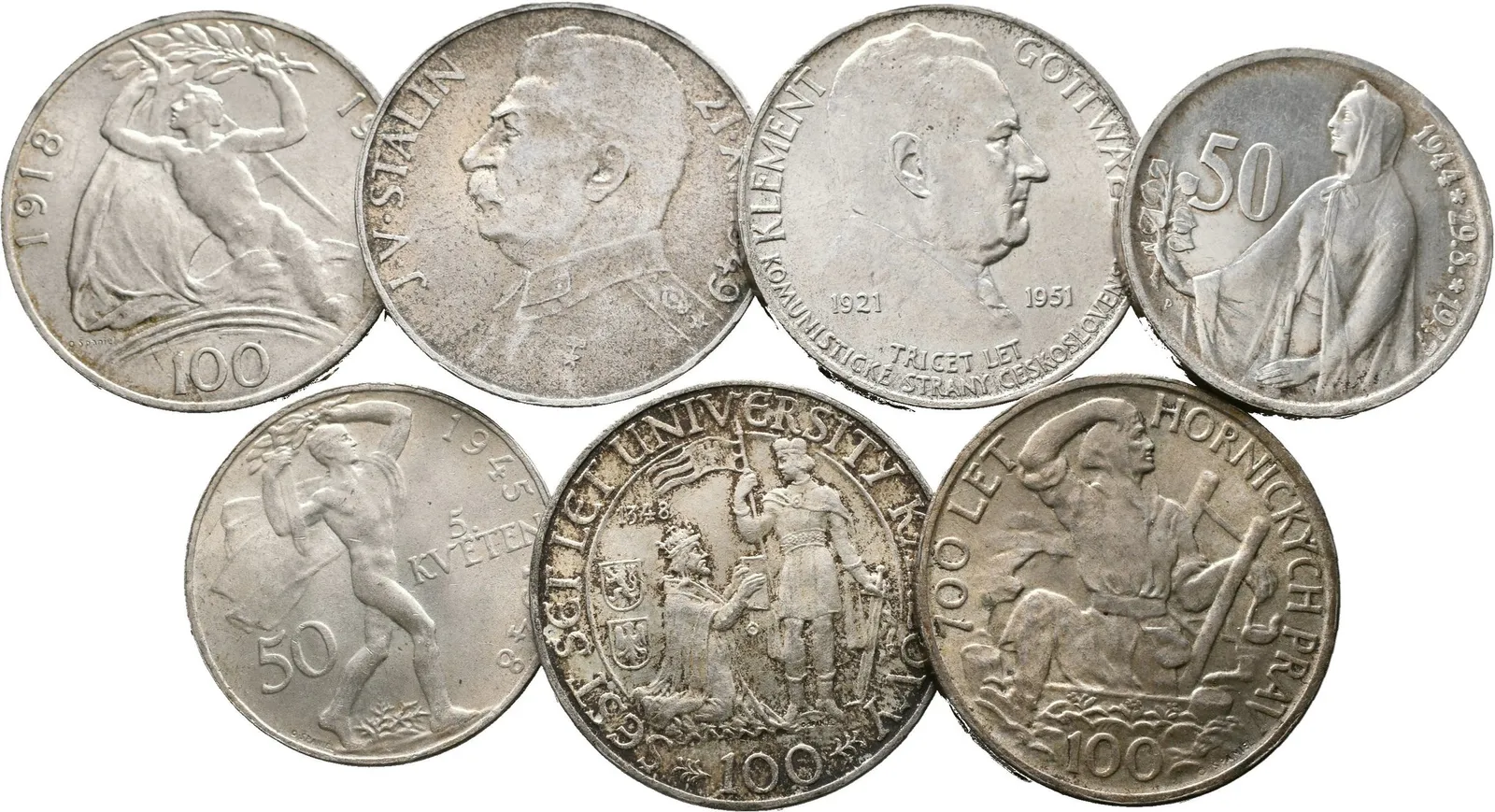 100 Kčs 1948 - 30. výročí ČSR, Univerzita Karlova, 100 Kč 1949 - Hornická práva, Stalin, — 1