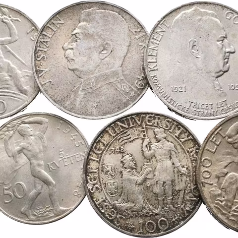 100 Kčs 1948 - 30. výročí ČSR, Univerzita Karlova, 100 Kč 1949 - Hornická práva, Stalin,