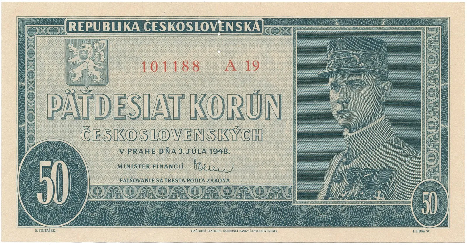 Československo, 50 Koruna 1948, série A 10 - 48, perforace 3 md, Hej.82a2.S1