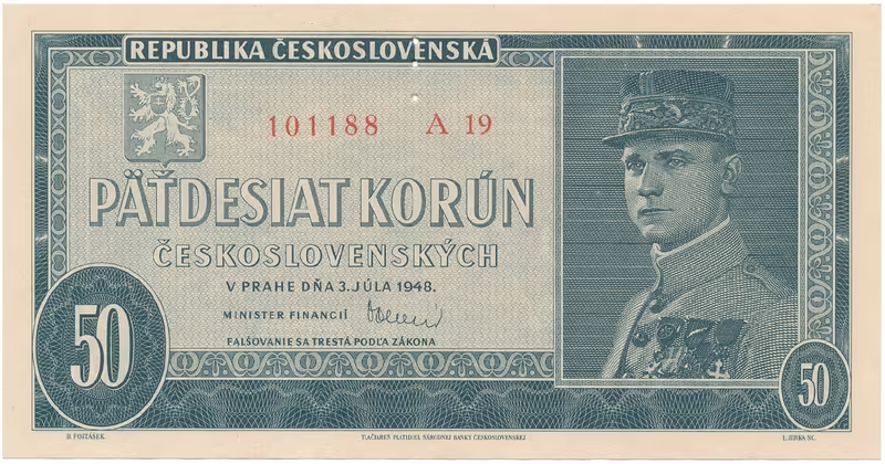 Československo, 50 Koruna 1948, série A 10 - 48, perforace 3 md, Hej.82a2.S1