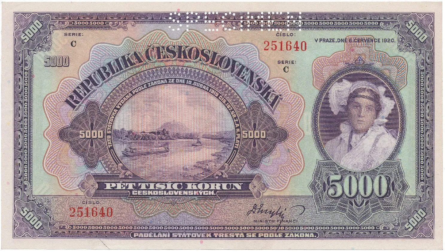 Československo, 5000 Koruna 1920, série C, perf. 1x SPECIMEN, Hej.17bC