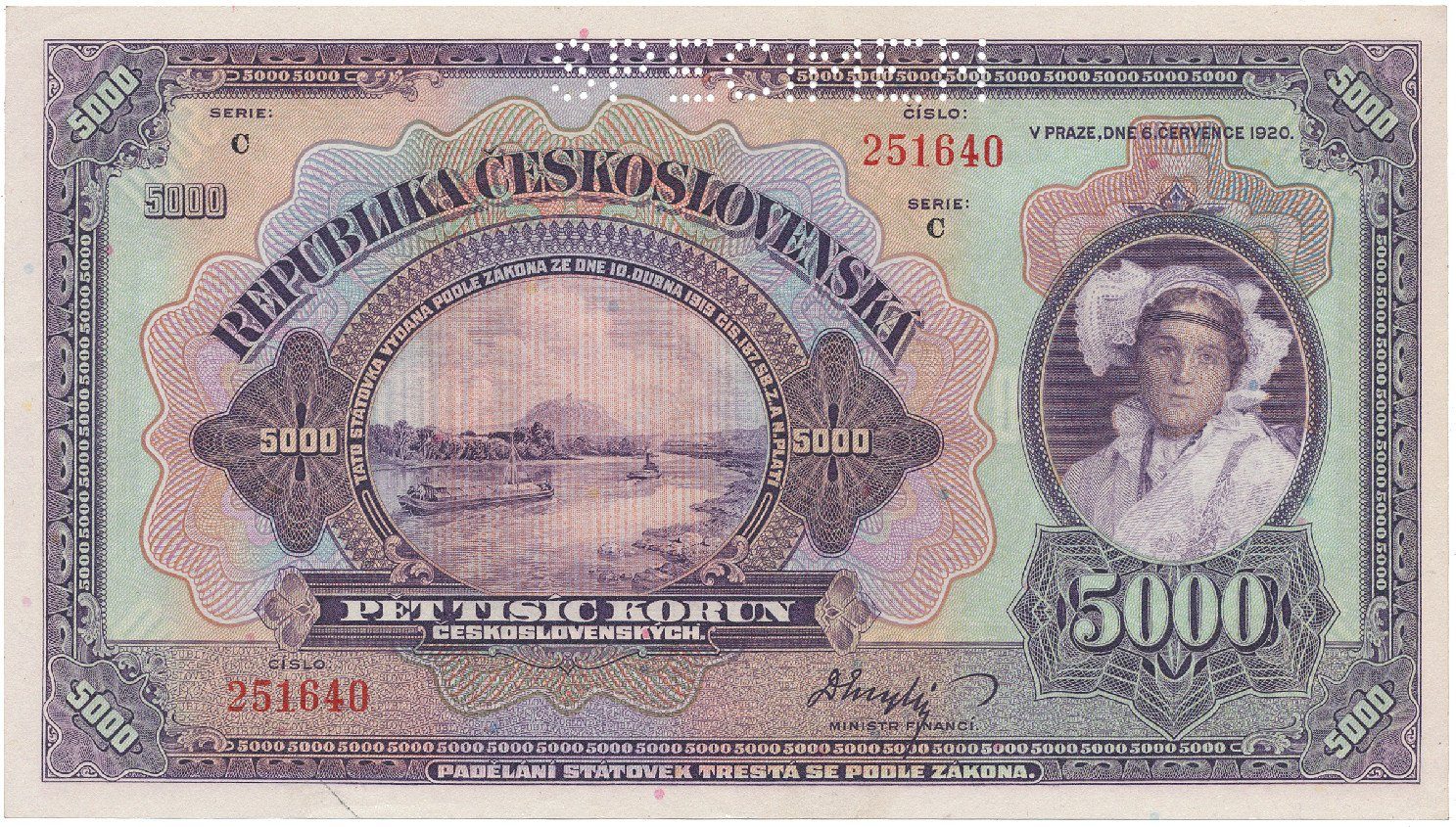 Československo, 5000 Koruna 1920, série C, perf. 1x SPECIMEN, Hej.17bC
