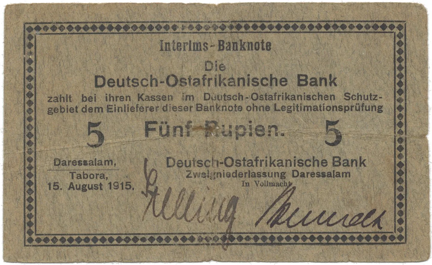 Německá Východní Afrika, 5 Rupien 15. 8. 1915, série B, R.910h