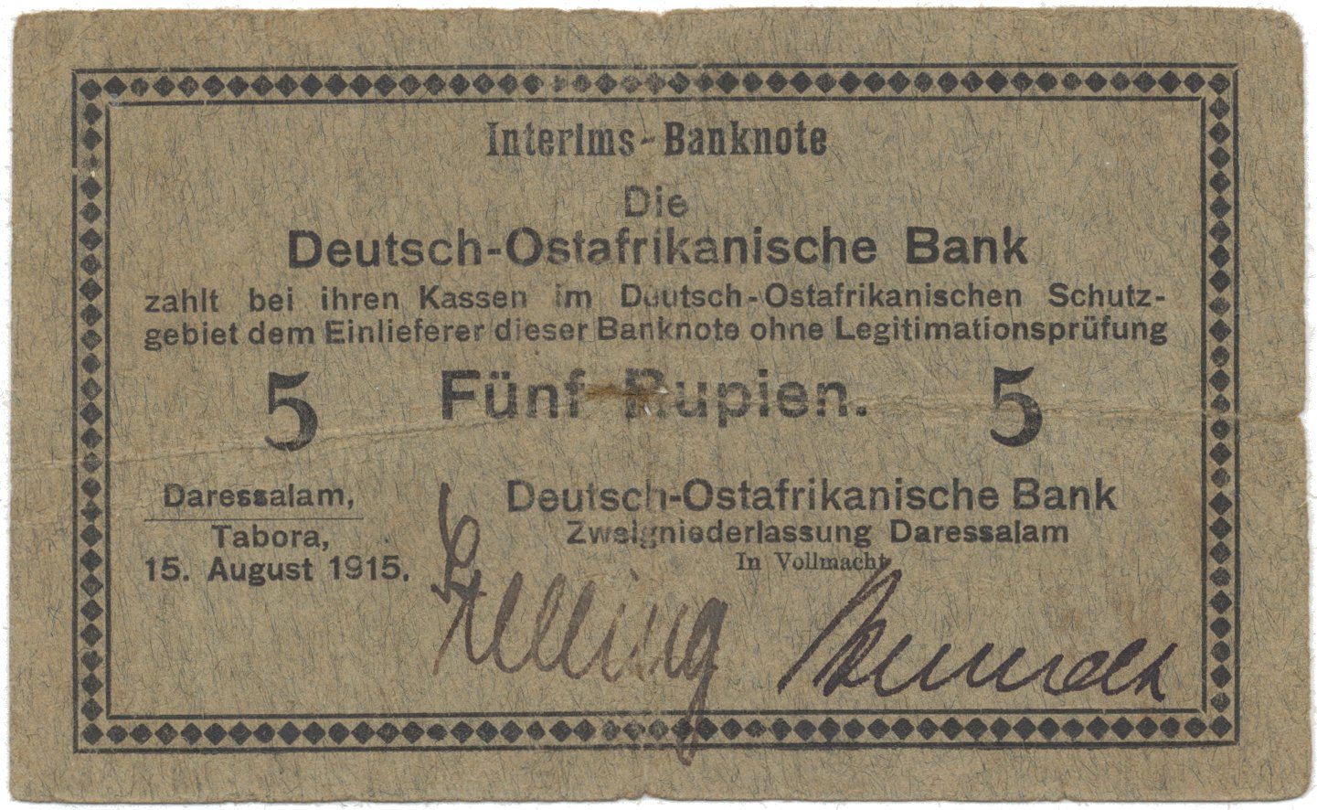 Německá Východní Afrika, 5 Rupien 15. 8. 1915, série B, R.910h