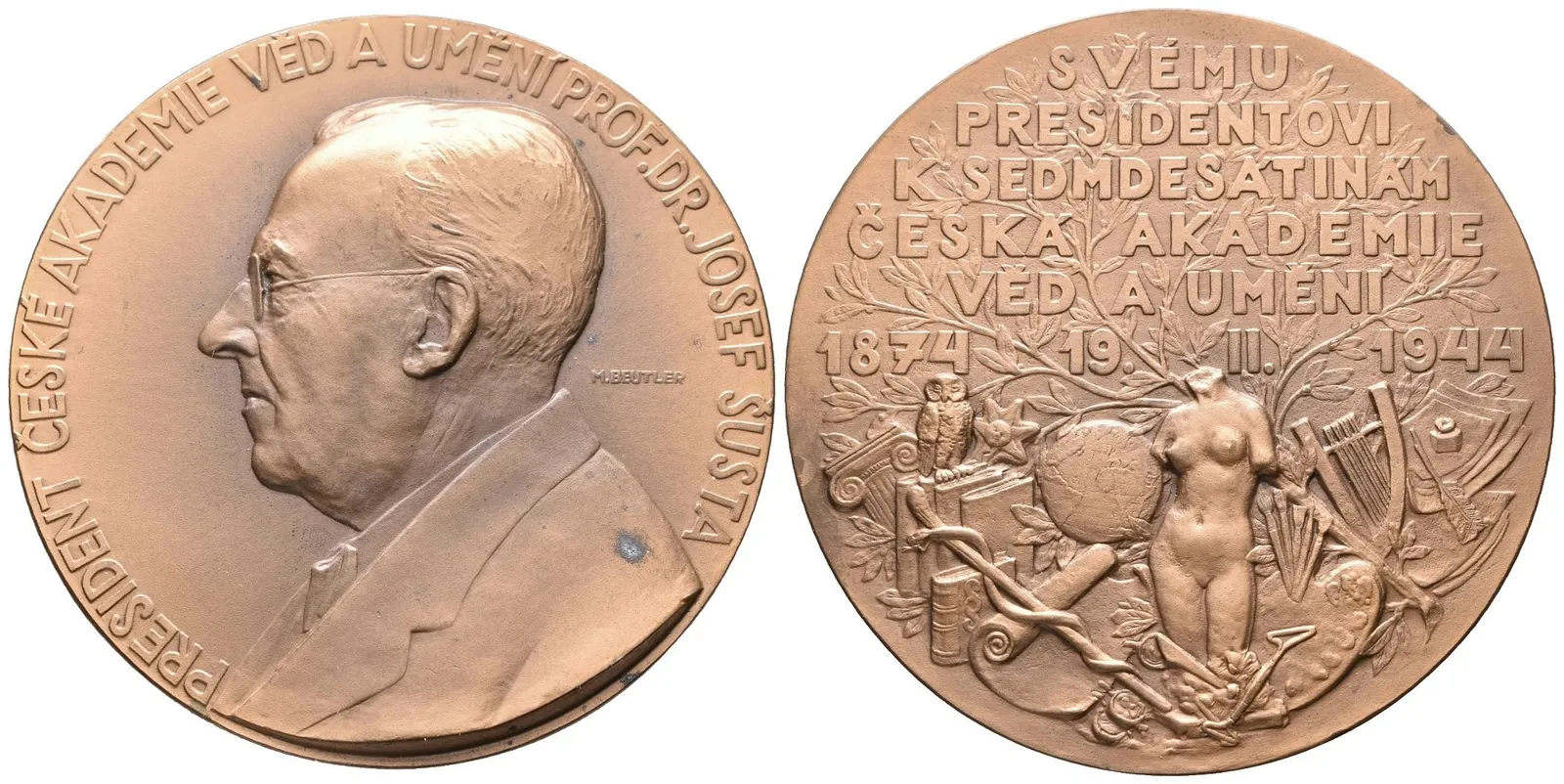 AE Medaile 1944 - President České akademie věd a umění prof. Dr. Josef Šusta. Bronz 65 mm — 1