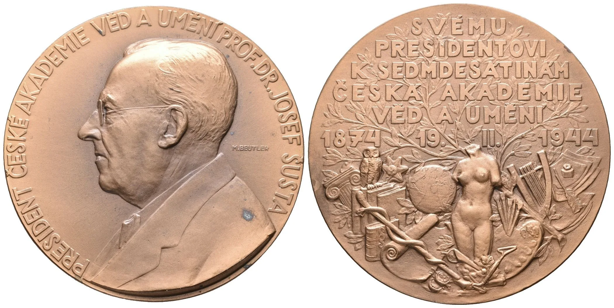 AE Medaile 1944 - President České akademie věd a umění prof. Dr. Josef Šusta. Bronz 65 mm — 1