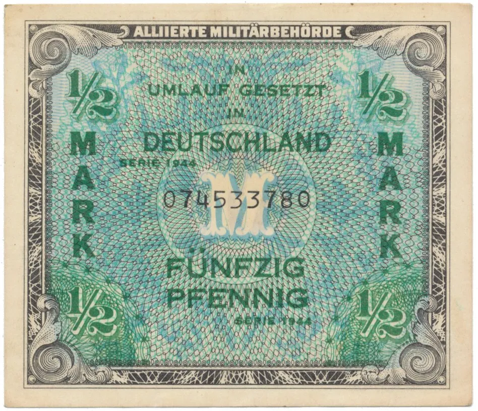 Okupační poukázky Allierte, 1/2 Mark 1944, tisk USA, 9-místný číslovač, Hej.AM1a
