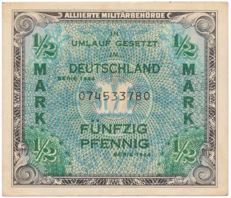 Okupační poukázky Allierte, 1/2 Mark 1944, tisk USA, 9-místný číslovač, Hej.AM1a
