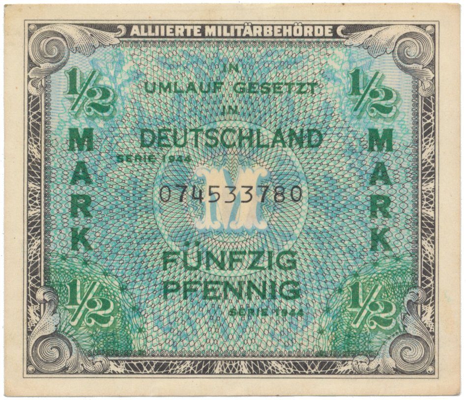Okupační poukázky Allierte, 1/2 Mark 1944, tisk USA, 9-místný číslovač, Hej.AM1a