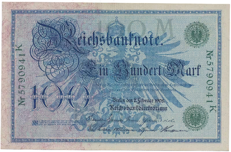 Německo, 100 Mark 1908, zelený číslovač, Ro.34