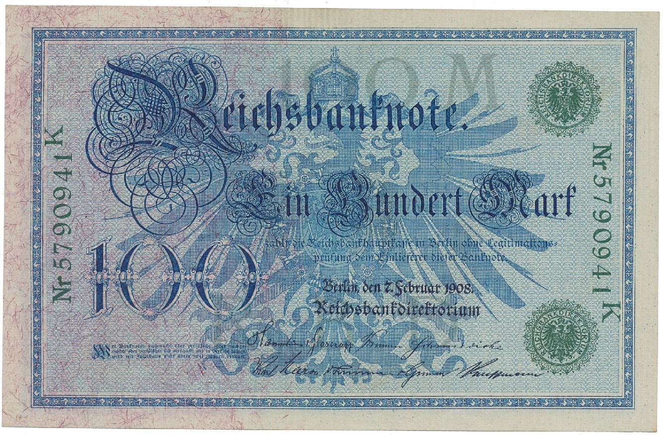 Německo, 100 Mark 1908, zelený číslovač, Ro.34