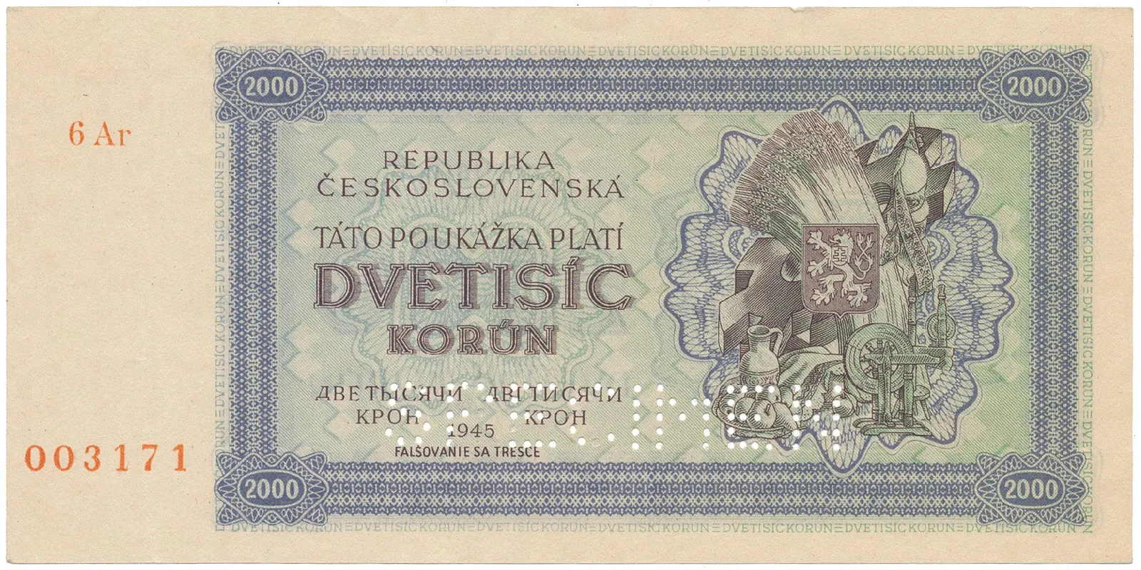 Československo, 2000 Koruna 1945, série s 1 číslem, 1x SPECIMEN dole, Hej.69a1.S2